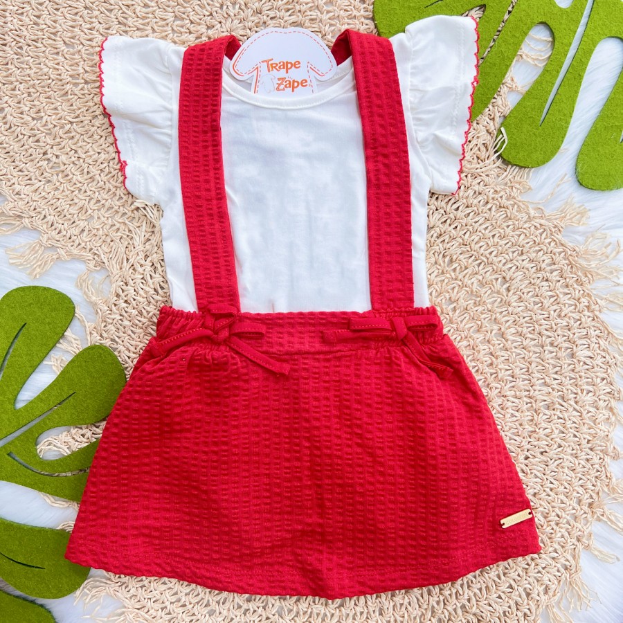  Conj. Body Manga Curta e Salopete dois Laços - Off White e Vermelho